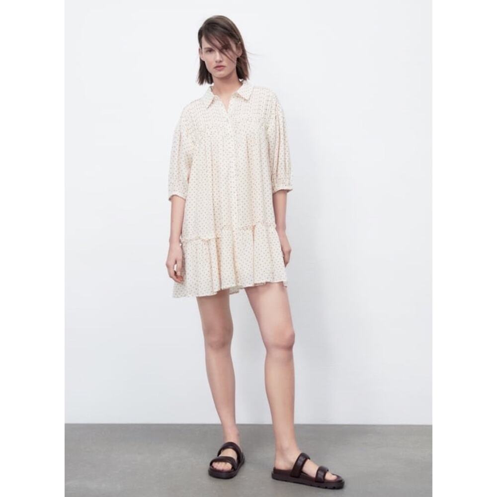 NWT Zara Cream Polka Dot Babydoll Mini Dress